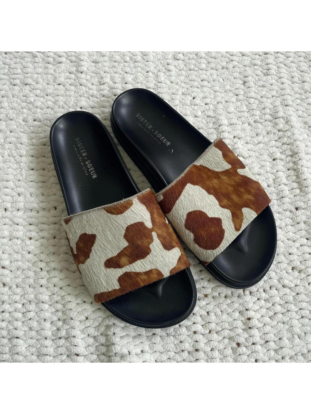 Sister x Soeur Women's Cow Print Leather Slides - Size 7